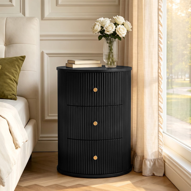 Round End Table with 3 Drawer, Black