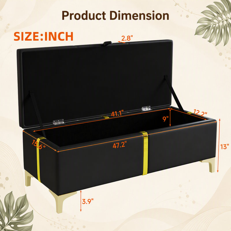 Elegant Upholstered Storage Ottoman,Storage Bench with Metal Legs for Bedroom,Living Room,Fully Assembled Except Legs,Black