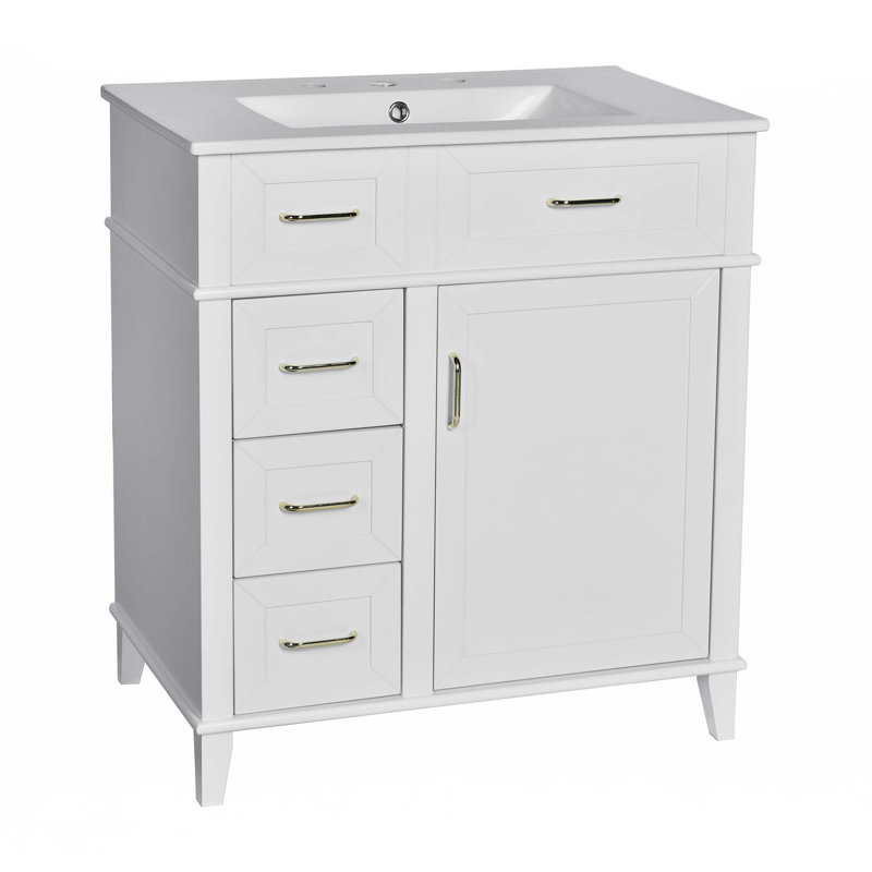 Meuble-lavabo de 30 pouces avec lavabo en céramique, tablette réglable, porte à fermeture en douceur, Blanc