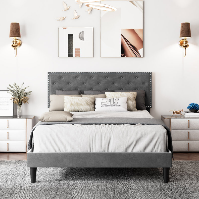 Aleiny Velvet Bed with Adjustable Upholstered Headboard, Queen, Gray