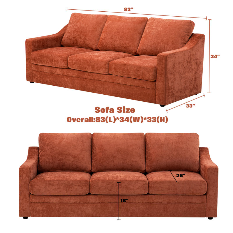 83"  Upholstered 3 Seater Sofa With Thicker Seat Cushions, Comfy Chenille Modern Couch With Wider Armrests For Living Room, Apartment
