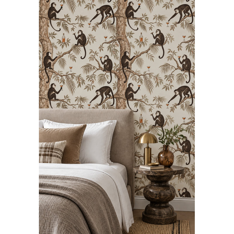 Monkeys Wallpaper Vintage Tropical Toile Cream, Non-Woven Non-Pasted