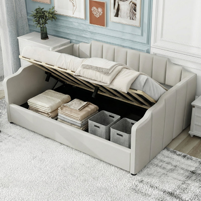 Linen Upholstered Daybed With Spacious Underbed Storage, Full Size - Durable Solid Wood Frame, Beige