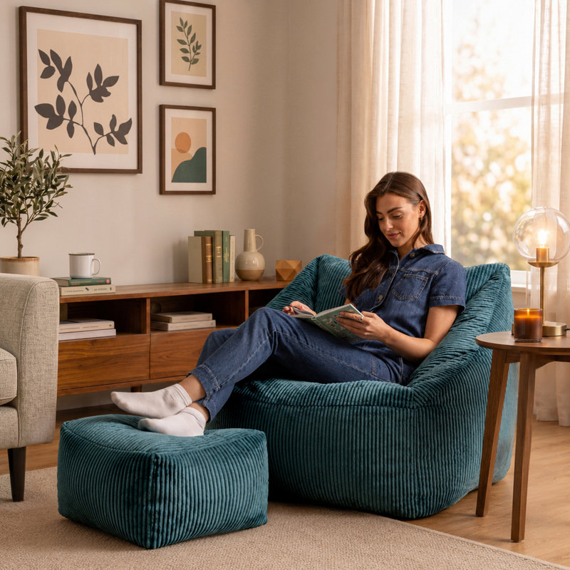 Natalia Corduroy Armchair Bean Bag and Square Footstool, Teal
