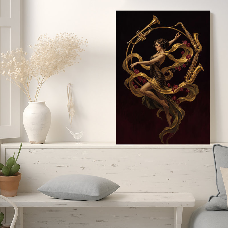 Art mural rétro, femme dansant avec saxophone doré et trompette, H 24 po x l 18 po