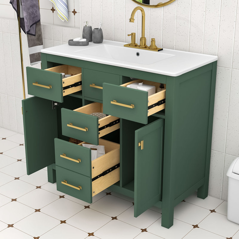 Ensemble de meuble-lavabo simple autoportant moderne avec lavabo en céramique Monteith, Vert