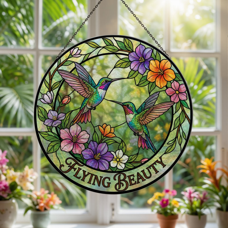 Vitrail de fenêtre en bois coloré 7,8 "Hummingbird, H 7,8 po x l 7,8 po