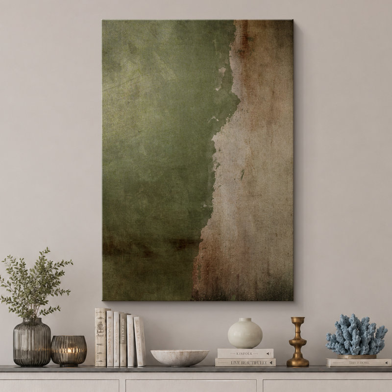 Œuvre d'art vert et beige vieilli, images murales abstraites rustiques modernes, impression sur toile encadrée, Toile tendue