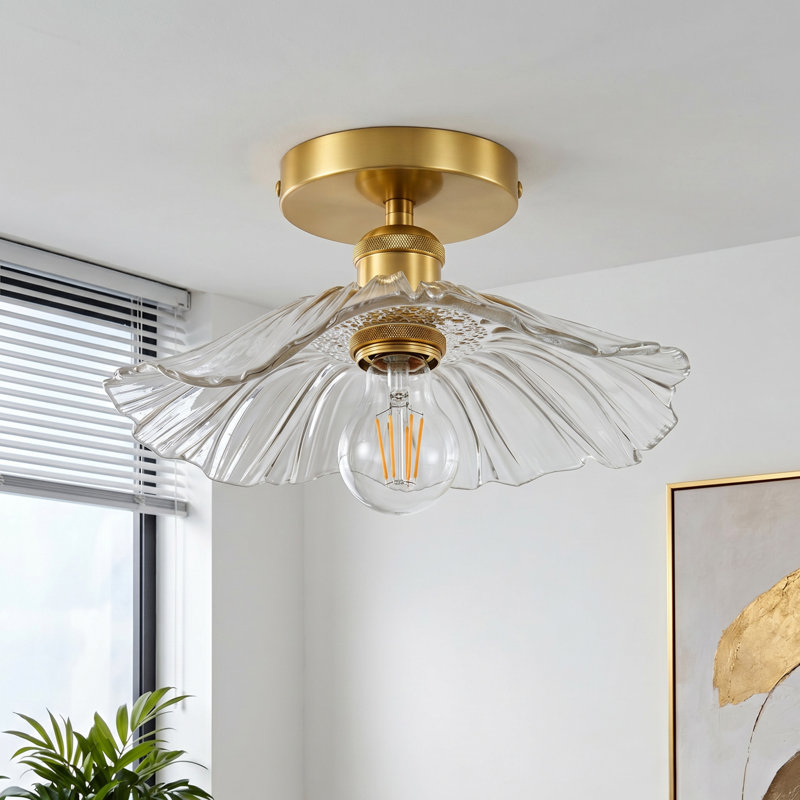 Plafonnier semi-encastré à intensité variable 11,42 po avec abat-jour en verre fleur de lotus, Clear