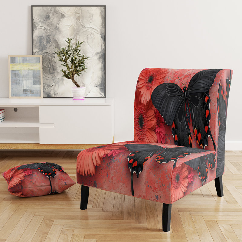 Abstract Colorful Upholstered Slipper Chair - Modern Velvet Accent Chair, Dark Pink/Black