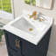 Plan de toilette en surface solide de 61 cm (L) x 53 cm (P) avec lavabo central intégré, dosseret de 9 cm, robinet à 3 trous et entraxe de 20 cm.