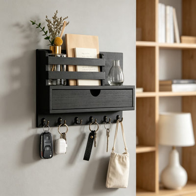 Wall Mounted Key and Mail Holder with Storage Drawer and Hooks, Wooden Entryway Organizer with Shelf for Keys, Mail, and Small Essentials, Farmhouse D