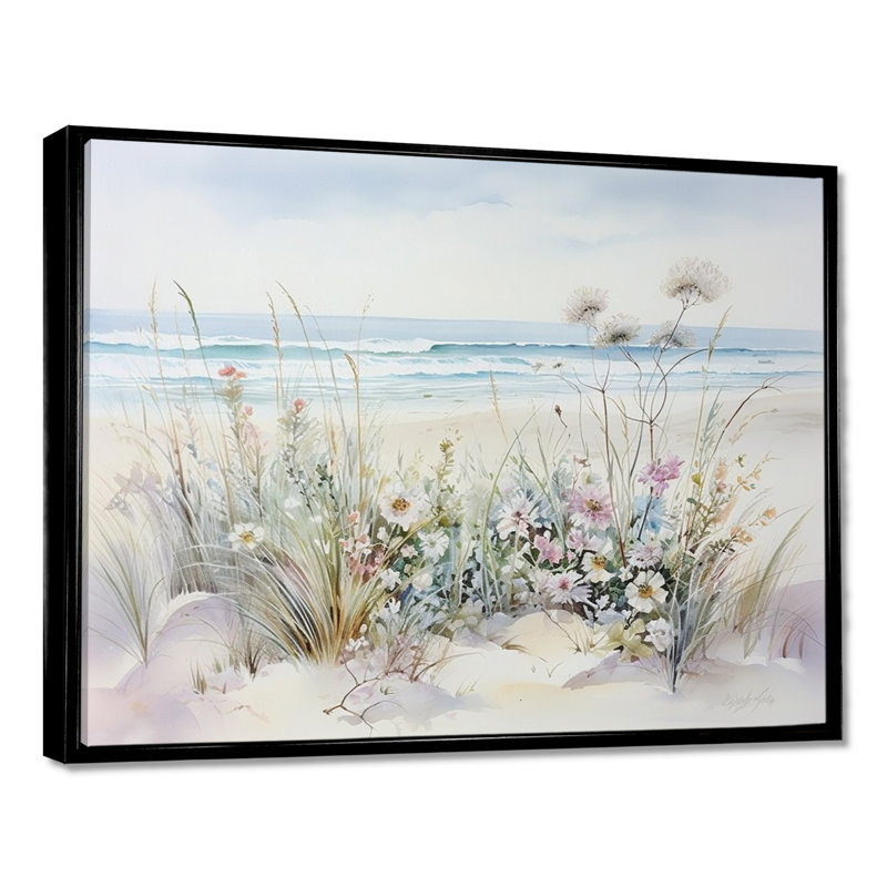 Fleurs sauvages sur la plage - Art mural fleurs sauvages, H 30 po x l 40 po, Reproduction avec cadre flottant, Noir