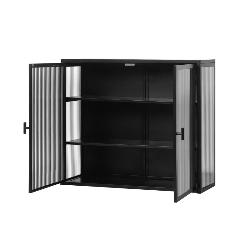 Armoire murale moderne 27,56 po à deux portes en verre avec rangement à trois niveaux pour le hall d'entrée, salle de bain, noir