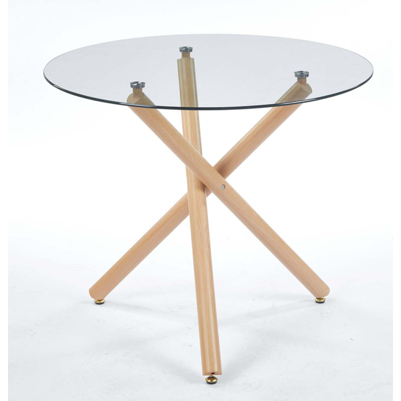 Round Dining Table With Oak Metal Leg And Tempered Glass,Modern Space Saving Kitchen Table, Light Oak