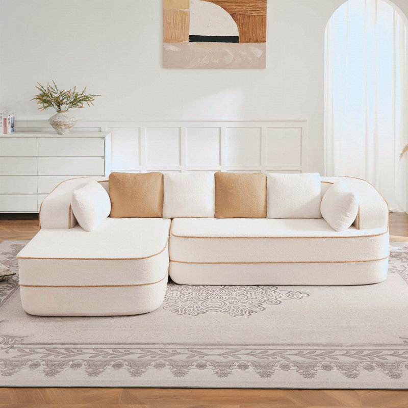 Canapé de 106 po en tissu pelucheux sans assemblage à densité élevée de 106 po, conception contrastée, canapé moelleux et confortable avec méridienne en L