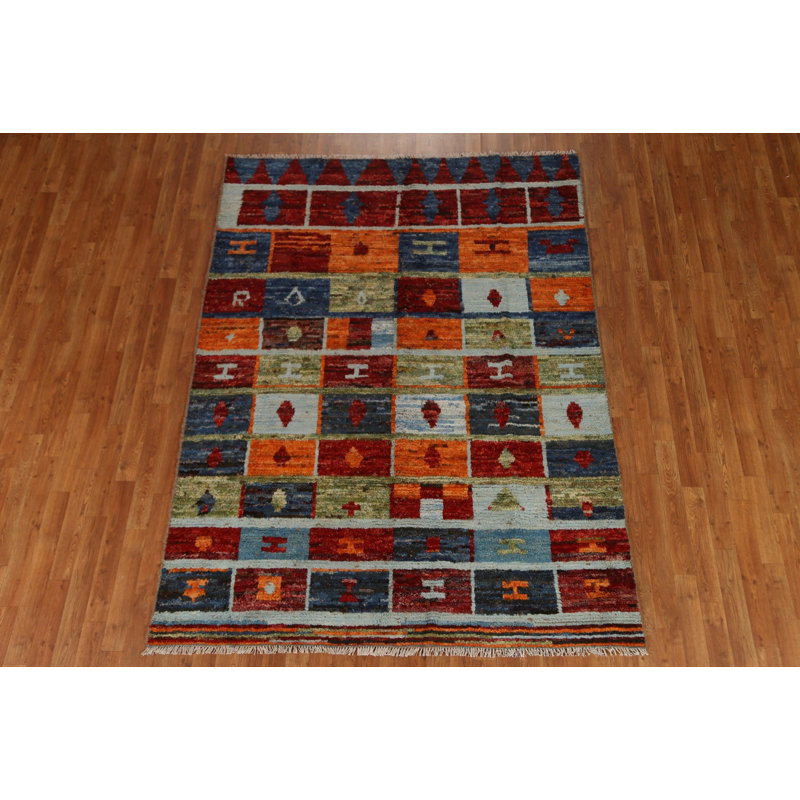Tapis rouge / orange / bleu en laine noué à la main de conception unique 5 pi 9 po x 7 pi 9 po New Age