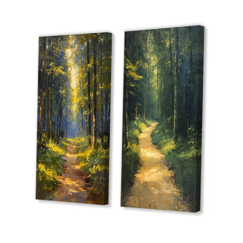 Sentier vert et jaune dans un bois murmurant l'été I - ensemble d'art mural forêt, H 40 po x l 40 po, Toile tendue sur cadre