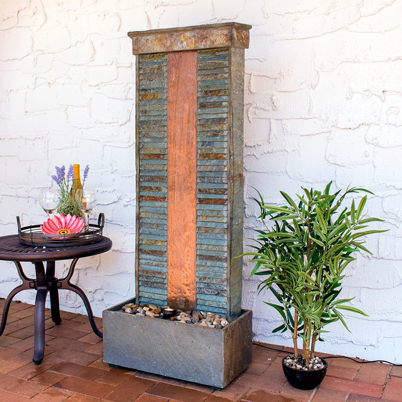 Rippled Slate Copper/Natural Outdoor Water Fountain with Light
