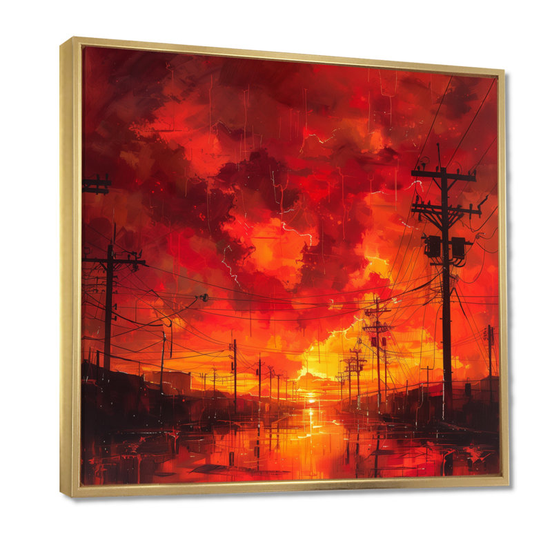 Rouge, jaune, tension, lignes électriques I - Power Lines Wall Art, Cadre flottant doré, H 30 po x l 30 po x P 1 po