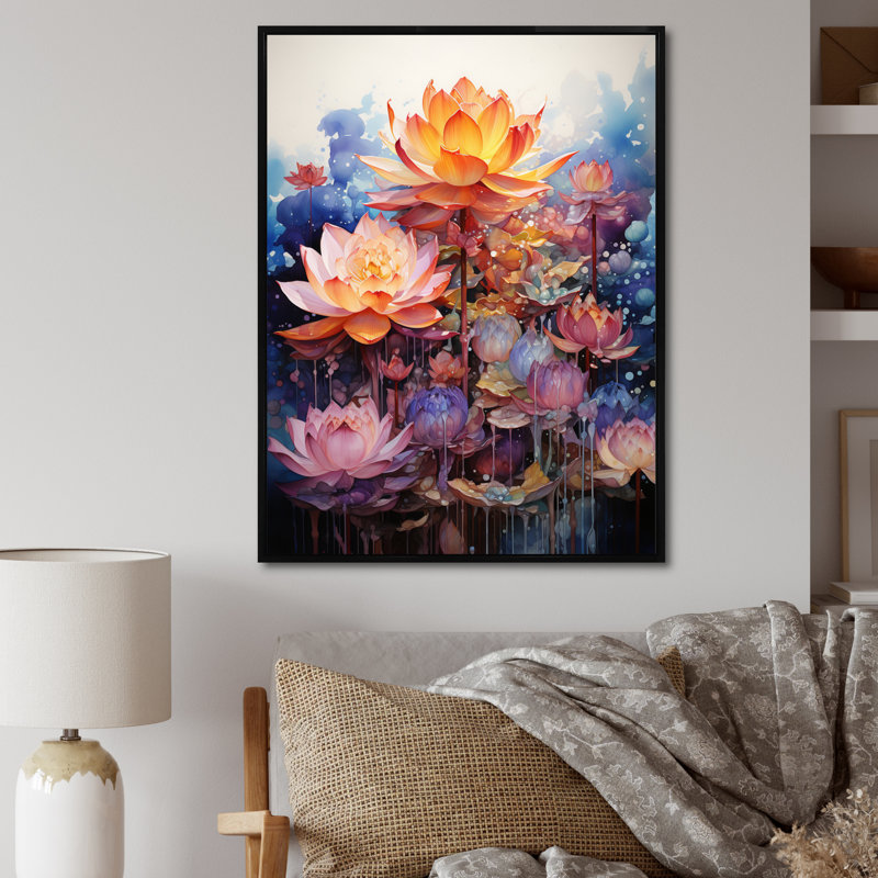 Orange orange, art bouddhiste lotus mandala - art mural bouddhisme, L 30 po x H 40 po x P 1,5 po, Cadre flottant noir