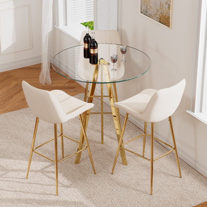Ensemble de salle à manger 3 pièces avec tabouret de bar et tabouret de bar en velours (ensemble de 3), Crème / or
