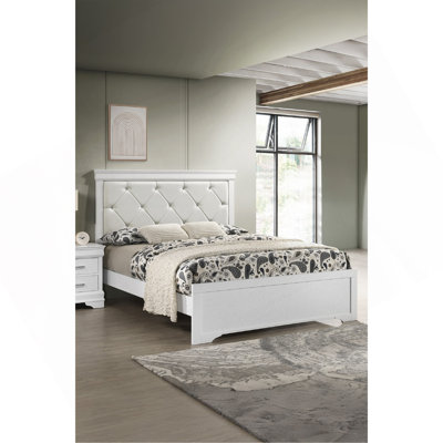 Modern 1Pc White Finish King Size Panel Bed Upholstered Headboard Crystal-Like Button Tufted Texture Wood Bedroom Furniture -  Mercer41, 0C8FFDAEBB314A1B89AFC7D65A86660A