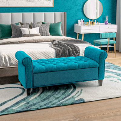 Banc de rangement avec repose-pieds, banc rembourré avec accoudoirs roulés, pieds en bois, banc de rangement capitonné avec charnières de sécurité pour le salon, le vestibule et la chambre à coucher