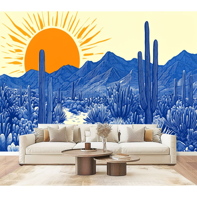 Papier peint auto-adhésif mural, adhésif, adhésif, rétro, adhésif, désert, Boho, cactus mexicain, soleil, bleu, 69 po x l 96 po
