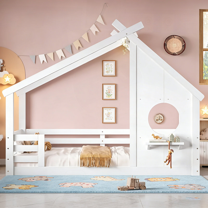Charmant lit simple en forme de maison avec fenêtre et petite tablette, fabrication en bois massif, aucun sommier requis