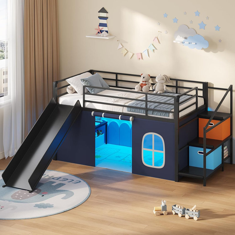 Low Loft Bed Twin Size With Slide, Led Lights And Under-bed Play Space, Metal Loft Bed Frame With 2 Drawers, Storage Stairway, Play Curtain And Safety Guardrail, Twin Beds For Teen, Black