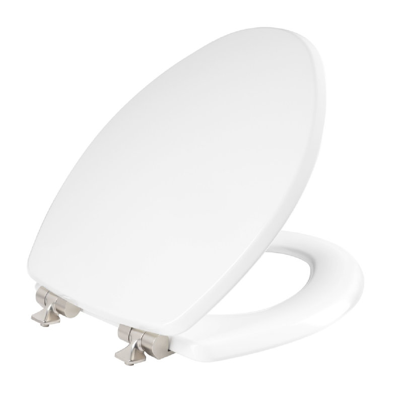 Mayfair by Bemis Benton Slow Close Elongated White Enameled Wood Toilet Seat, Brushed Nickel