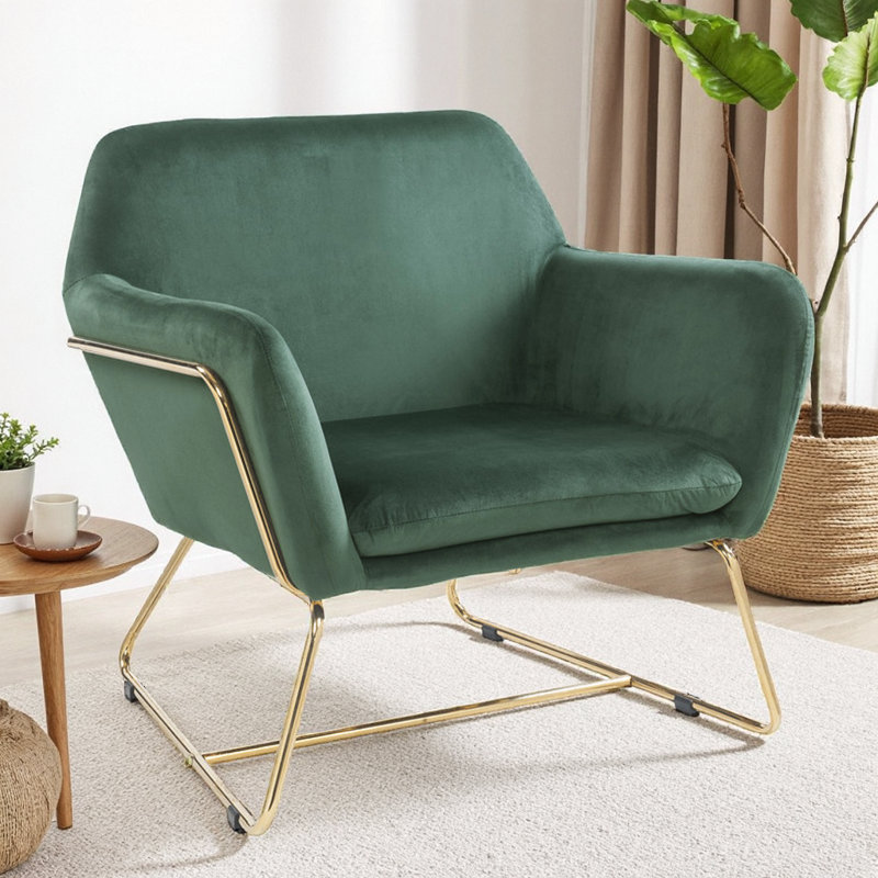 Fauteuil d'appoint en velours de 29,5 po avec base moderne en métal doré Kyra, Vert