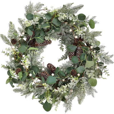 Couronne d'eucalyptus Evergreen avec pommes de pin et baies - décoration de porte, fenêtre et mur artificielle