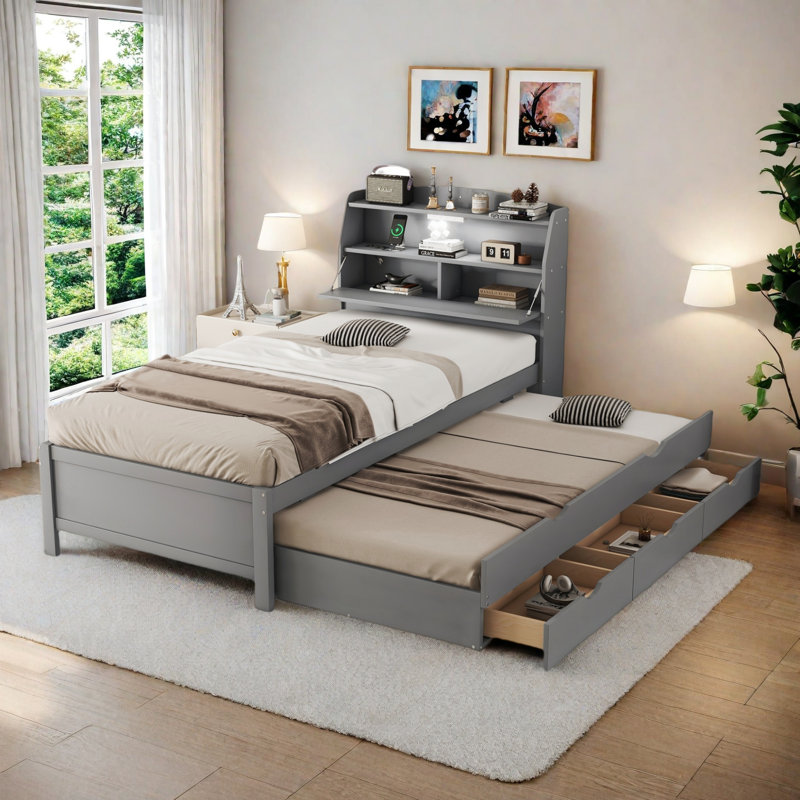 Lit plateforme en bois avec lit gigogne, tête de lit et tiroirs de rangement, Gris, Lit simple