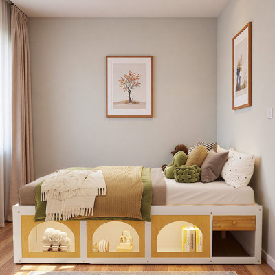Wooden Platform Bed With Bookshelf, Display Cabinet, Led Light And Drawer