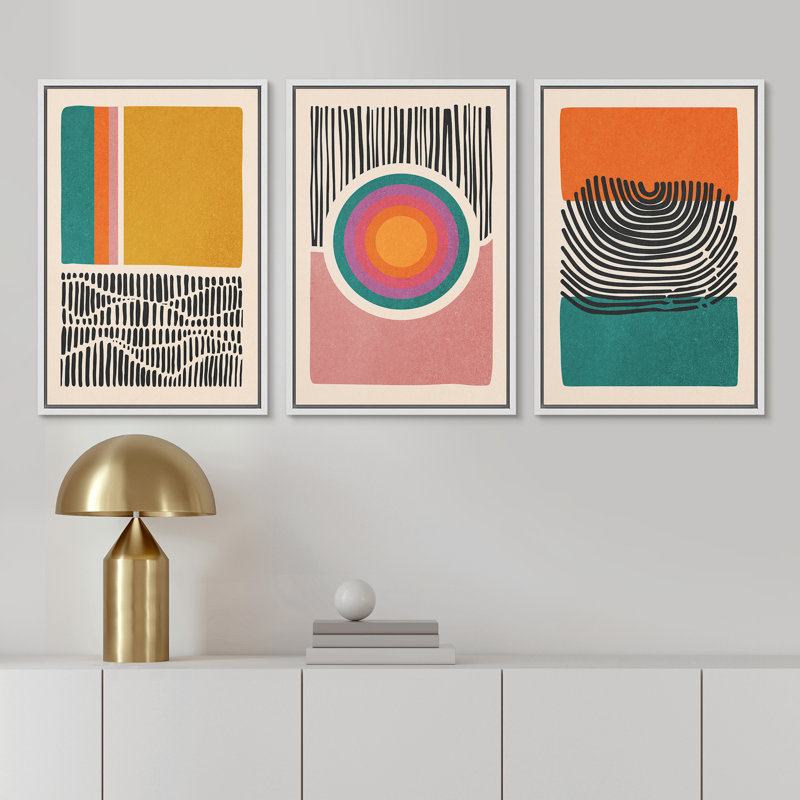 «Mid-Century Multicolor Color Block Shape Abstract Geometric», ensemble de 3 impressions sur toile flottante encadrées