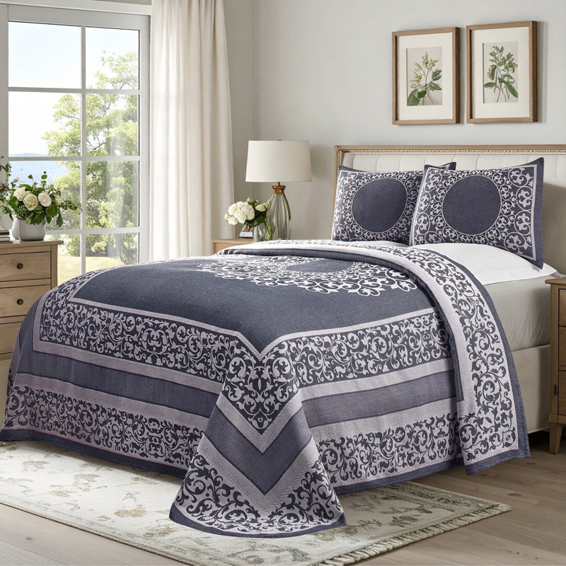 Fifer Lightweight Cotton Blend Oversized Jacquard Farmhouse Mandala Bedspread Set, Denim Blue, Queen