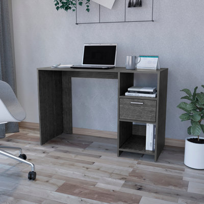 Bureau d'ordinateur Odessa avec tiroir simple et armoires de rangement ouvertes