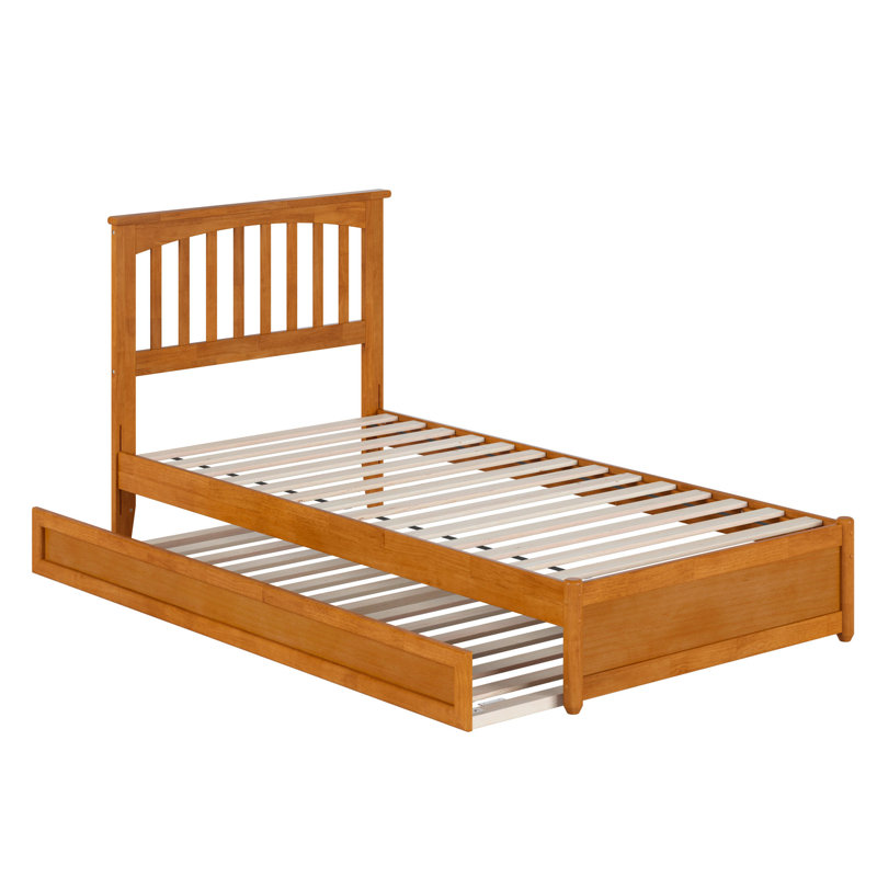 Lit plateforme en bois massif Asparas avec pied de lit et lit gigogne, Simple TG, Caramel clair