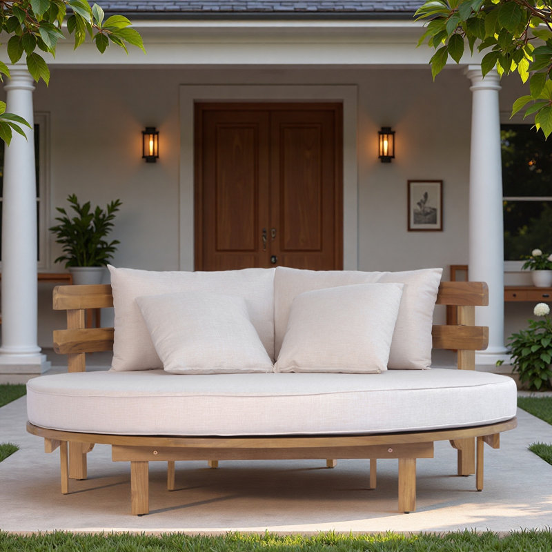 Lit de jour d'extérieur rond avec dossier à lattes demi-rond, coussins moelleux, coussin pliable, housses de coussin amovibles et repose-pieds réglables