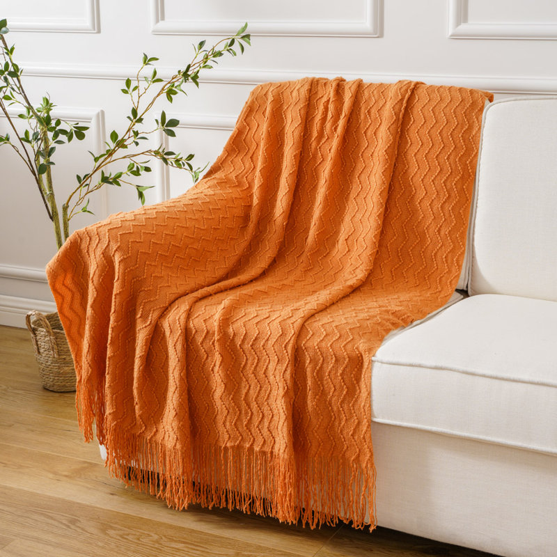 Burnt Orange Knitted Cotton Wool Throw Blanket with Tassels, 50"x60"