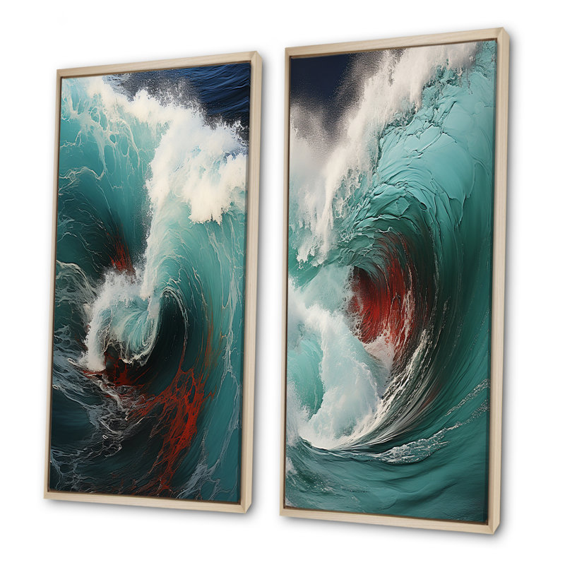 Vague rouge, vert, merveille colorée - ensemble de 2 impressions sur toile côtière, Cadre flottant brun, H 28 po x l 25 po