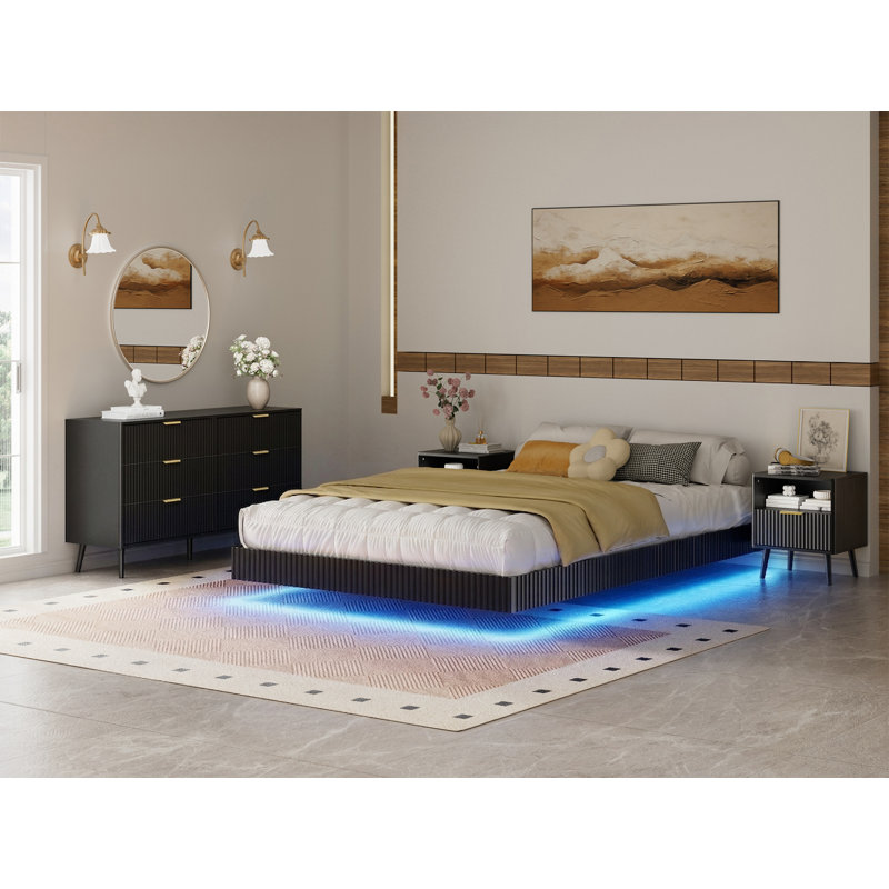 4-piece Bedroom Set, Queen Size Bed Frame, Dresser & Nightstand Sets, Black, Queen