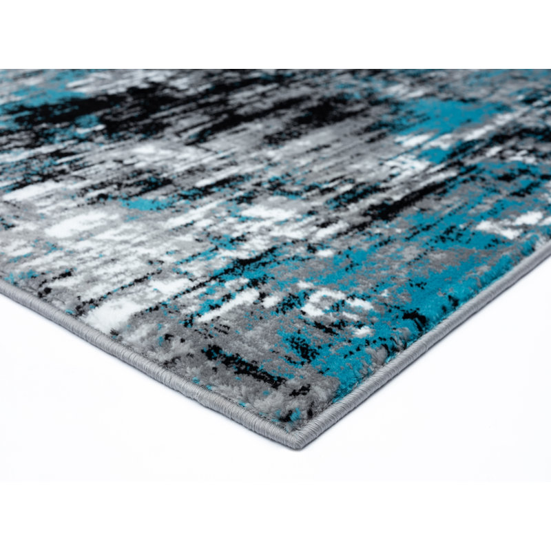 Tapis bleu / gris / noir à motif abstrait Hellie, Rond 6 pi 11 po