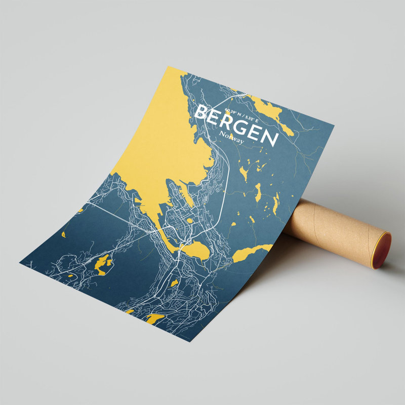 Bergen City Map, impression, H 17 po x l 11 po, Bleu / jaune