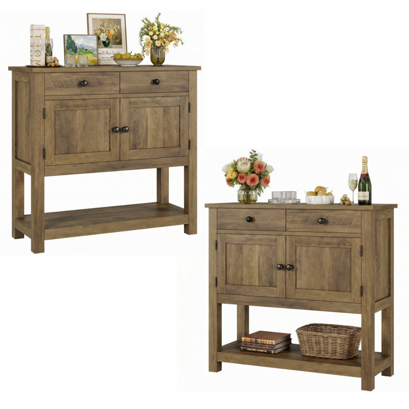 35.4'' Console Table Set With Drawers And Cabinet, Rustic Brown
