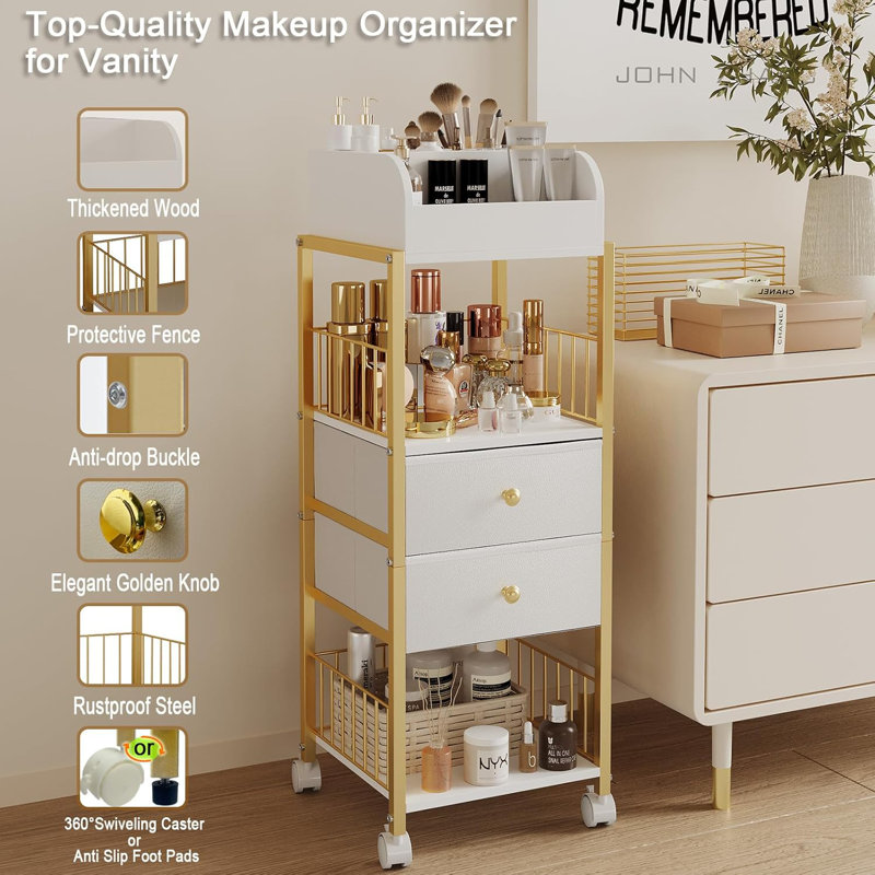 Large Makeup Organizer Storage Cart With Drawers And Rotating Casters - Sturdy Vanity Organizer For Cosmetics, Skincare, Nail Polish, Perfume And Makeup Brushes