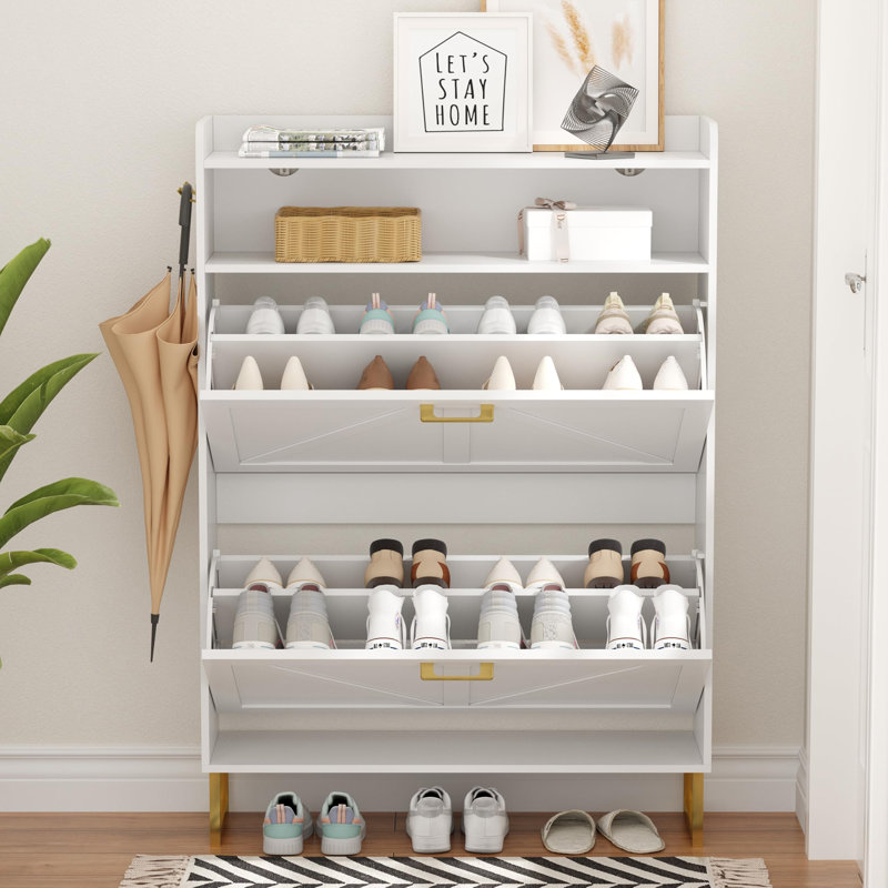 16-Pair Shoe Cabinet with Two Flip-Top Drawers, White