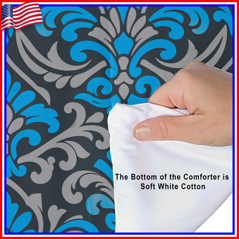 Blue Gray Damask Pattern Comforter, Queen